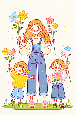 JPG 전신 여자 남자 꽃 행복 어린이 일러스트 가족 사랑 미소 웃음 들기 소녀 소년 성인 세명 꽃가루 풍선 국내일러스트 AI일러스트 AI콘텐츠 식물 감정 관계 모션 표정 사람 가루 파일형식