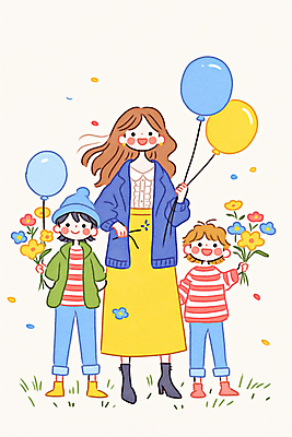 JPG 전신 여자 남자 꽃 행복 어린이 일러스트 가족 사랑 미소 웃음 들기 소녀 소년 성인 세명 꽃가루 풍선 국내일러스트 AI일러스트 AI콘텐츠 식물 감정 관계 모션 표정 사람 가루 파일형식