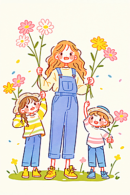 JPG 전신 여자 남자 꽃 행복 어린이 일러스트 가족 사랑 미소 웃음 들기 소녀 소년 성인 세명 꽃가루 풍선 국내일러스트 AI일러스트 AI콘텐츠 식물 감정 관계 모션 표정 사람 가루 파일형식