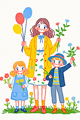 JPG 전신 여자 남자 꽃 행복 어린이 일러스트 가족 사랑 미소 웃음 들기 소녀 소년 성인 세명 풍선 국내일러스트 AI일러스트 AI콘텐츠 식물 감정 관계 모션 표정 사람 파일형식