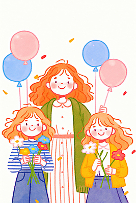 JPG 여자 꽃 행복 어린이 일러스트 가족 사랑 미소 웃음 들기 소녀 성인 세명 꽃가루 풍선 여자만 국내일러스트 AI일러스트 AI콘텐츠 식물 감정 관계 모션 표정 사람 가루 파일형식