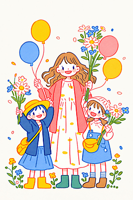 JPG 전신 여자 꽃 행복 어린이 일러스트 가족 사랑 미소 웃음 들기 소녀 성인 세명 꽃가루 풍선 여자만 국내일러스트 AI일러스트 AI콘텐츠 식물 감정 관계 모션 표정 사람 가루 파일형식