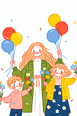 JPG 여자 남자 꽃 행복 어린이 일러스트 가족 사랑 미소 웃음 들기 소녀 소년 성인 세명 꽃가루 풍선 국내일러스트 AI일러스트 AI콘텐츠 식물 감정 관계 모션 표정 사람 가루 파일형식