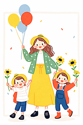 JPG 전신 모자 여자 꽃 행복 어린이 일러스트 가족 사랑 미소 웃음 들기 소녀 성인 세명 꽃가루 풍선 여자만 국내일러스트 AI일러스트 AI콘텐츠 식물 잡화 감정 관계 모션 표정 사람 가루 파일형식