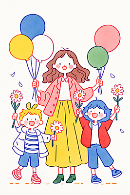 JPG 전신 여자 남자 꽃 행복 어린이 일러스트 가족 사랑 미소 웃음 들기 소년 성인 세명 꽃가루 풍선 국내일러스트 AI일러스트 AI콘텐츠 식물 감정 관계 모션 표정 사람 가루 파일형식