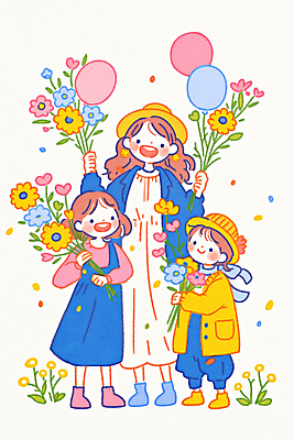 JPG 전신 여자 남자 꽃 행복 어린이 일러스트 가족 사랑 미소 웃음 들기 소녀 소년 성인 세명 밀짚모자 꽃가루 풍선 국내일러스트 AI일러스트 AI콘텐츠 식물 모자_잡화 감정 관계 모션 표정 사람 가루 파일형식