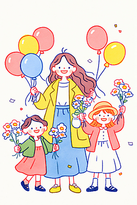 JPG 전신 여자 남자 꽃 행복 어린이 일러스트 가족 사랑 미소 웃음 들기 소녀 소년 성인 세명 꽃가루 풍선 국내일러스트 AI일러스트 AI콘텐츠 식물 감정 관계 모션 표정 사람 가루 파일형식