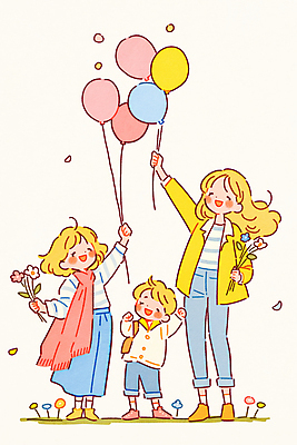 JPG 전신 여자 남자 꽃 행복 어린이 일러스트 가족 사랑 미소 웃음 들기 소녀 소년 성인 세명 꽃가루 풍선 국내일러스트 AI일러스트 AI콘텐츠 식물 감정 관계 모션 표정 사람 가루 파일형식