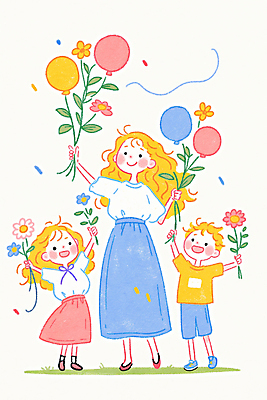 JPG 전신 여자 남자 꽃 행복 어린이 일러스트 가족 사랑 미소 웃음 들기 소녀 소년 성인 세명 꽃가루 풍선 국내일러스트 AI일러스트 AI콘텐츠 식물 감정 관계 모션 표정 사람 가루 파일형식