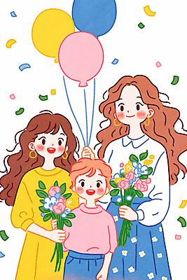 JPG 여자 남자 꽃 행복 어린이 일러스트 가족 사랑 미소 웃음 소녀 소년 성인 세명 귀걸이 꽃가루 풍선 국내일러스트 AI일러스트 AI콘텐츠 식물 감정 장신구 관계 표정 사람 가루 파일형식