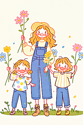 JPG 전신 여자 남자 꽃 행복 어린이 일러스트 가족 사랑 미소 웃음 들기 소녀 소년 성인 세명 멜빵바지 밀짚모자 꽃가루 국내일러스트 AI일러스트 AI콘텐츠 식물 모자_잡화 감정 바지 관계 모션 표정 사람 가루 멜빵 파일형식