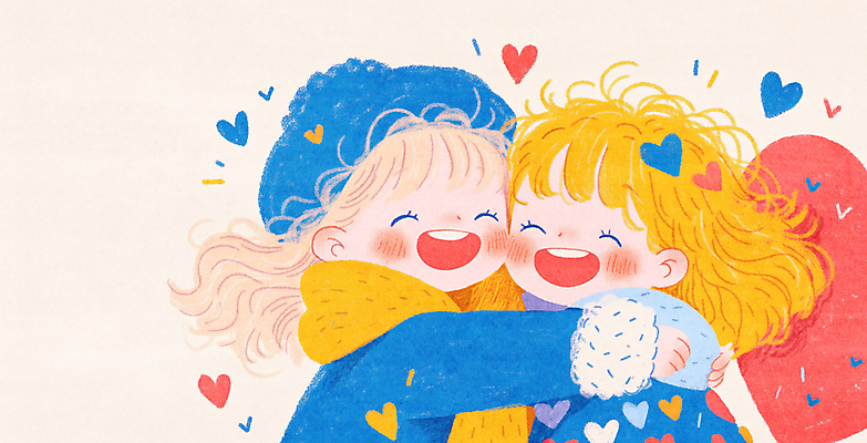 JPG 여자 행복 어린이 일러스트 포옹 털모자 사랑 웃음 소녀 상반신 두명 파란색 목도리 우정 하트 소녀만 국내일러스트 AI일러스트 AI콘텐츠 모양 모자_잡화 잡화 감정 컬러 안기 표정 사람 친구 여자만 어린이만 파일형식