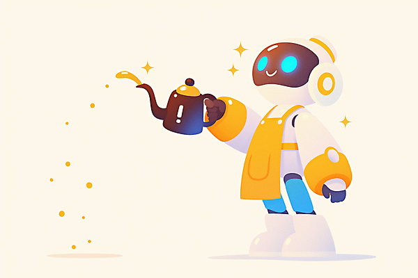 JPG 전신 일러스트 상상 주전자 미래 기술 미소 들기 사람없음 반짝임 노란색 차 로봇 서비스 휴머노이드 AI_인공지능 국내일러스트 AI일러스트 AI콘텐츠 음료 컬러 컨셉 모션 주방용품 표정 파일형식