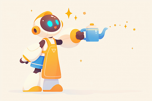 JPG 전신 일러스트 상상 주전자 미래 기술 들기 사람없음 반짝임 노란색 차 로봇 서비스 휴머노이드 AI_인공지능 국내일러스트 AI일러스트 AI콘텐츠 음료 컬러 컨셉 모션 주방용품 파일형식