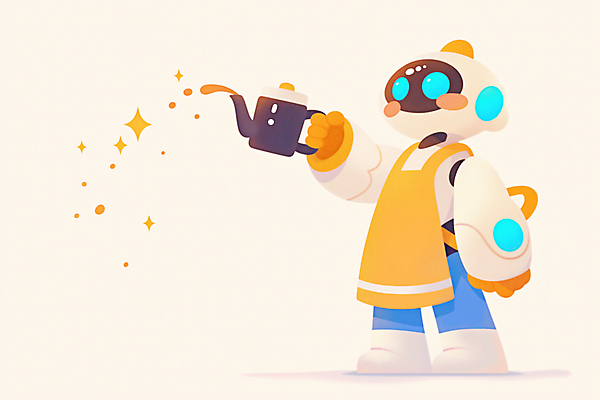 JPG 전신 일러스트 상상 주전자 미래 기술 들기 사람없음 반짝임 노란색 차 로봇 서비스 휴머노이드 AI_인공지능 국내일러스트 AI일러스트 AI콘텐츠 음료 컬러 컨셉 모션 주방용품 파일형식