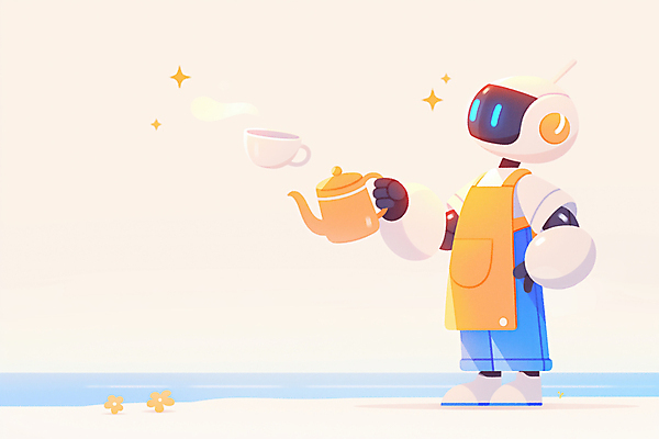 JPG 전신 일러스트 상상 주전자 미래 기술 들기 사람없음 반짝임 노란색 차 찻잔 로봇 서비스 휴머노이드 AI_인공지능 국내일러스트 AI일러스트 AI콘텐츠 음료 컬러 컨셉 모션 주방용품 잔 파일형식