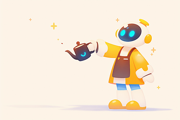 JPG 전신 일러스트 상상 주전자 미래 기술 들기 사람없음 반짝임 노란색 차 로봇 서비스 휴머노이드 AI_인공지능 국내일러스트 AI일러스트 AI콘텐츠 음료 컬러 컨셉 모션 주방용품 파일형식