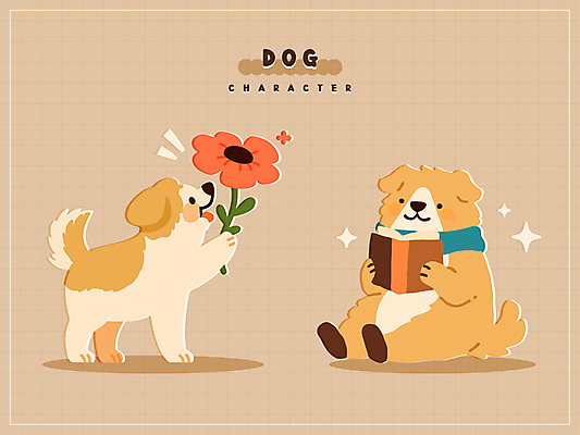 꽃 반려견 스티커 일러스트 그림자 들기 앉기 사람없음 책 반짝임 독서 갈색 귀여움 강아지 개캐릭터 일러캐릭터 AI파일 식물 캐릭터 컬러 동물캐릭터 컨셉 모션 반려동물 개 파일형식 벡터