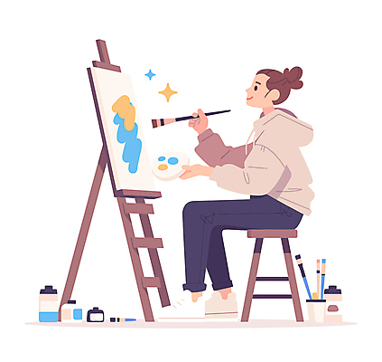 전신 여자 의자 일러스트 실내 한명 들기 성인 취미 반짝임 물감 붓 그리기 팔레트 이젤 그림 캔버스 성인여자한명만 국내일러스트 AI파일 1 가구 모션 사람 내부 미술도구 여자한명만 성인여자만 파일형식 벡터