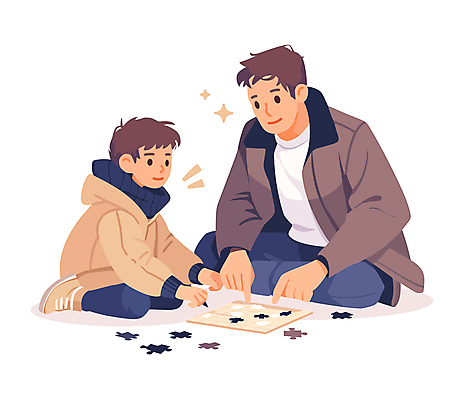 전신 남자 아들 어린이 일러스트 실내 앉기 소년 성인 취미 두명 반짝임 아빠 퍼즐조각 남자만 국내일러스트 AI파일 조각 가족 모션 사람 내부 퍼즐 파일형식 벡터