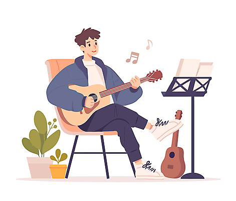 전신 식물 남자 화분 악기 연주 의자 음표 일러스트 나뭇잎 실내 한명 앉기 성인 취미 다리꼬기 기타 보면대 우쿨렐레 악보 성인남자한명만 국내일러스트 AI파일 1 기호 음악 가구 잎 모션 현악기 사람 내부 남자한명만 성인남자만 파일형식 벡터