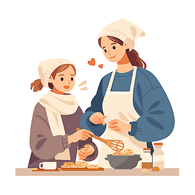 여자 딸 어린이 일러스트 엄마 실내 두건 요리 소녀 상반신 성인 취미 두명 컵 쿠키 목도리 향신료 제빵 거품기 여자만 국내일러스트 AI파일 식기 잡화 가족 주방용품 디저트 사람 내부 제과제빵 향미료 파일형식 벡터