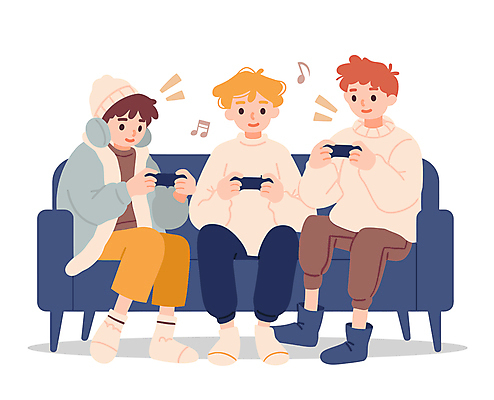 전신 남자 어린이 음표 일러스트 함께함 실내 앉기 소년 취미 세명 친구 소파 게임 게임기 집중 소년만 국내일러스트 AI파일 기호 음악 컨셉 의자 관계 모션 놀이 사람 내부 남자만 어린이만 파일형식 벡터