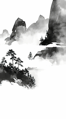 JPG 구름 일러스트 붓터치 수묵화 사람없음 검은색 안개 소나무 한국화 산맥 국내일러스트 AI일러스트 AI콘텐츠 자연요소 나무 컬러 날씨 산 미술 동양화 파일형식