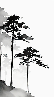 JPG 일러스트 붓터치 수묵화 사람없음 검은색 소나무 한국화 국내일러스트 AI일러스트 AI콘텐츠 나무 컬러 미술 동양화 파일형식