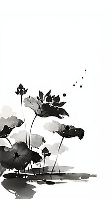 JPG 일러스트 붓터치 연꽃 수묵화 사람없음 검은색 연잎 한국화 국내일러스트 AI일러스트 AI콘텐츠 꽃 컬러 잎 미술 동양화 파일형식