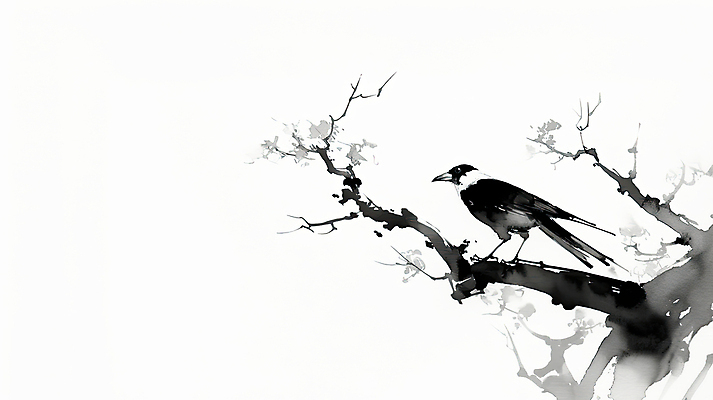 JPG 일러스트 붓터치 수묵화 사람없음 검은색 나뭇가지 까치 한국화 국내일러스트 AI일러스트 AI콘텐츠 나무 컬러 조류 미술 동양화 파일형식