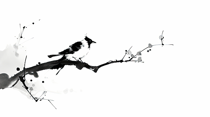 JPG 일러스트 붓터치 수묵화 사람없음 검은색 나뭇가지 까치 한국화 국내일러스트 AI일러스트 AI콘텐츠 나무 컬러 조류 미술 동양화 파일형식