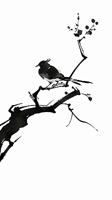 JPG 일러스트 붓터치 수묵화 사람없음 검은색 나뭇가지 까치 한국화 국내일러스트 AI일러스트 AI콘텐츠 나무 컬러 조류 미술 동양화 파일형식