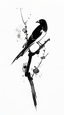 JPG 일러스트 붓터치 수묵화 사람없음 검은색 나뭇가지 까치 한국화 국내일러스트 AI일러스트 AI콘텐츠 나무 컬러 조류 미술 동양화 파일형식