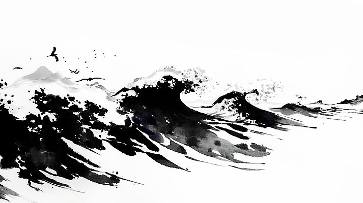 JPG 물결 파도 일러스트 조류 붓터치 수묵화 사람없음 물 검은색 한국화 국내일러스트 AI일러스트 AI콘텐츠 자연요소 동물 바다 컬러 미술 동양화 파일형식