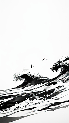 JPG 물결 파도 일러스트 조류 붓터치 수묵화 사람없음 물 검은색 한국화 국내일러스트 AI일러스트 AI콘텐츠 자연요소 동물 바다 컬러 미술 동양화 파일형식