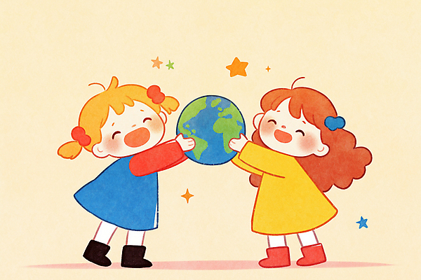 JPG 전신 여자 행복 지구 어린이 일러스트 미소 들기 소녀 두명 노란색 소녀만 국내일러스트 AI일러스트 AI콘텐츠 감정 컬러 모션 표정 사람 여자만 어린이만 파일형식