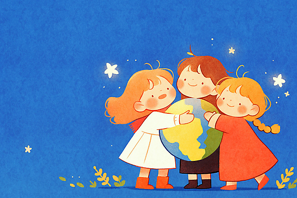 JPG 전신 여자 행복 지구 어린이 일러스트 안기 미소 소녀 세명 파란색 풀 소녀만 국내일러스트 AI일러스트 AI콘텐츠 식물 감정 컬러 모션 표정 사람 여자만 어린이만 파일형식