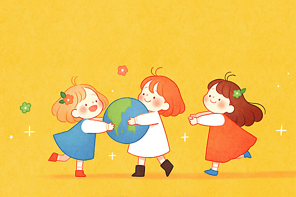 JPG 전신 여자 꽃 행복 지구 어린이 일러스트 미소 들기 소녀 세명 반짝임 달리기 노란색 소녀만 국내일러스트 AI일러스트 AI콘텐츠 식물 감정 컬러 모션 표정 사람 여자만 어린이만 파일형식