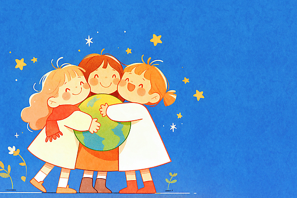 JPG 전신 여자 행복 지구 어린이 일러스트 안기 미소 소녀 세명 파란색 목도리 풀 소녀만 국내일러스트 AI일러스트 AI콘텐츠 식물 잡화 감정 컬러 모션 표정 사람 여자만 어린이만 파일형식