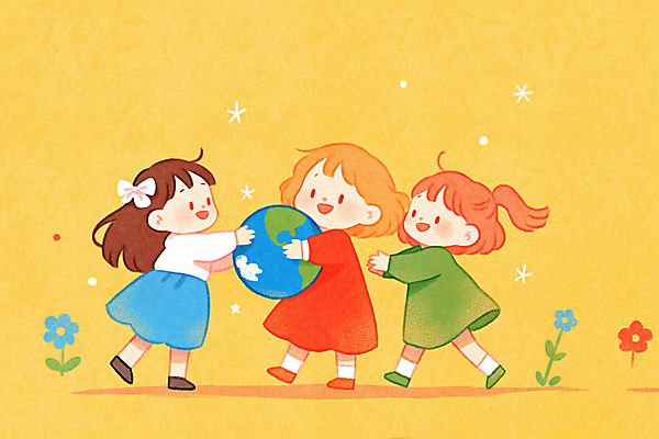 JPG 전신 여자 꽃 행복 리본 지구 어린이 일러스트 안기 미소 소녀 세명 노란색 소녀만 국내일러스트 AI일러스트 AI콘텐츠 식물 감정 컬러 모션 표정 사람 여자만 어린이만 파일형식