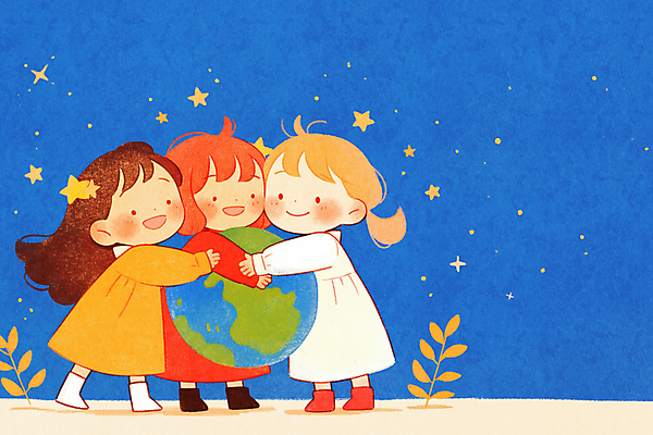 JPG 전신 여자 행복 지구 어린이 일러스트 안기 미소 소녀 세명 파란색 반짝임 풀 소녀만 국내일러스트 AI일러스트 AI콘텐츠 식물 감정 컬러 모션 표정 사람 여자만 어린이만 파일형식