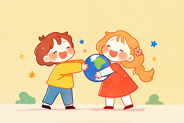 JPG 전신 여자 꽃 행복 지구 어린이 일러스트 미소 소녀 두명 노란색 풀 소녀만 국내일러스트 AI일러스트 AI콘텐츠 식물 감정 컬러 표정 사람 여자만 어린이만 파일형식