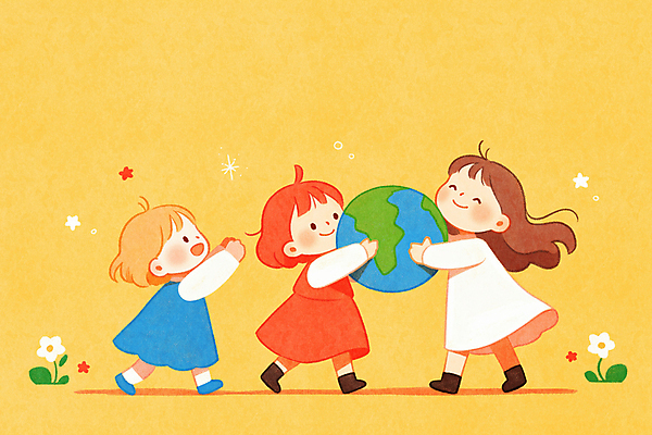 JPG 전신 여자 꽃 행복 지구 어린이 일러스트 안기 미소 소녀 세명 노란색 소녀만 국내일러스트 AI일러스트 AI콘텐츠 식물 감정 컬러 모션 표정 사람 여자만 어린이만 파일형식