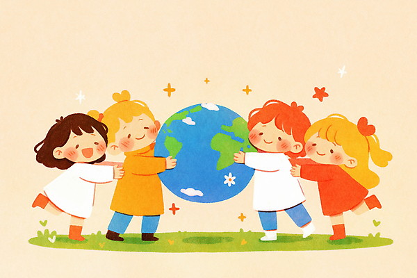 JPG 전신 여자 행복 지구 어린이 일러스트 안기 미소 소녀 여러명 풀 소녀만 국내일러스트 AI일러스트 AI콘텐츠 식물 감정 다수 모션 표정 사람 여자만 어린이만 파일형식