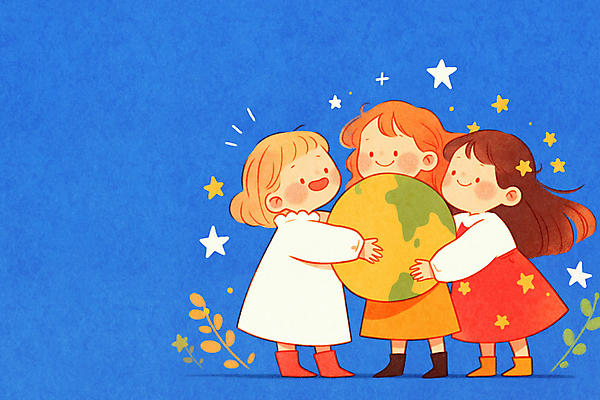 JPG 전신 여자 행복 지구 어린이 일러스트 안기 미소 소녀 세명 파란색 풀 소녀만 국내일러스트 AI일러스트 AI콘텐츠 식물 감정 컬러 모션 표정 사람 여자만 어린이만 파일형식