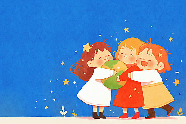 JPG 전신 여자 행복 지구 어린이 일러스트 안기 미소 소녀 세명 파란색 풀 소녀만 국내일러스트 AI일러스트 AI콘텐츠 식물 감정 컬러 모션 표정 사람 여자만 어린이만 파일형식