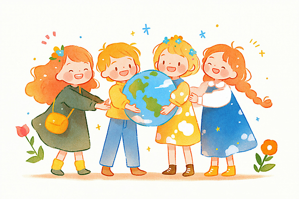 JPG 전신 여자 꽃 행복 지구 어린이 가방 일러스트 안기 미소 소녀 여러명 소녀만 국내일러스트 AI일러스트 AI콘텐츠 식물 잡화 감정 다수 모션 표정 사람 여자만 어린이만 파일형식