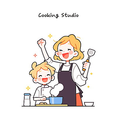 여자 남자 어린이 일러스트 가족 요리 웃음 들기 소년 상반신 성인 두명 반짝임 손들기 가르침 냄비 뒤집개 격려 국내일러스트 AI파일 교육 감정 관계 모션 주방용품 표정 사람 솥 파일형식 벡터