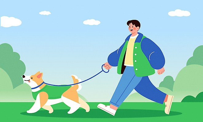 전신 구름 남자 행복 반려견 일러스트 함께함 한명 웃음 성인 걷기 산책 잡기 강아지 목줄 강아지옷 순찰 웰시코기 성인남자한명만 국내일러스트 반려견순찰대 AI파일 자연요소 1 감정 컨셉 모션 휴식 표정 사람 반려동물 개 애견용품 남자한명만 성인남자만 파일형식 벡터 반려용품